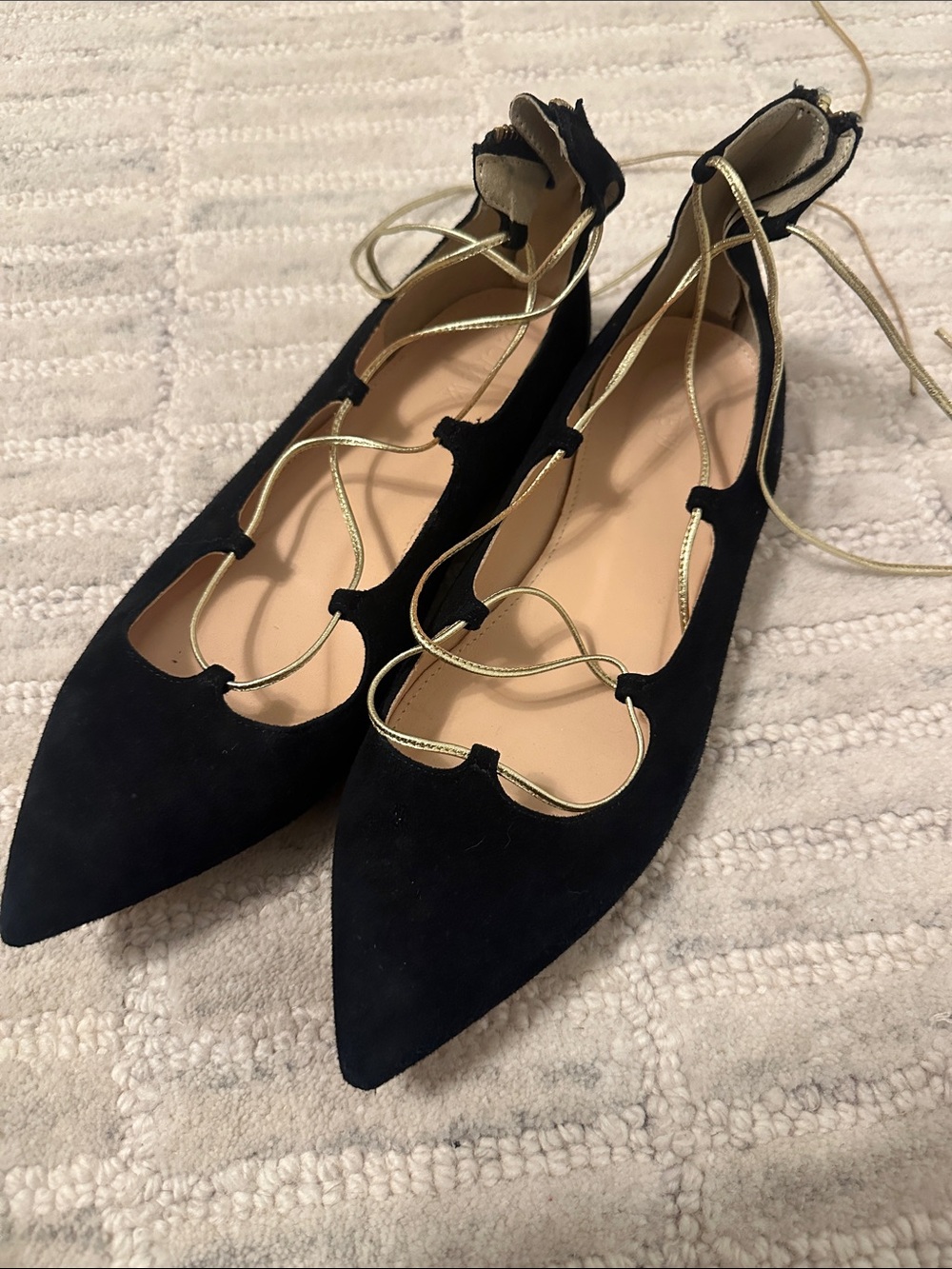J. Crew Black Suede Lace-Up Pointed Ballet Flats with Gold Laces